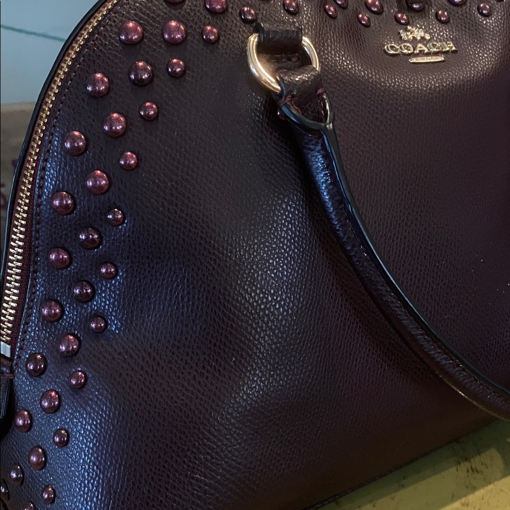Coach Cora Domed Satchel with Border Studs in Burgundy Crossgrain Leather - Picture 2 of 13